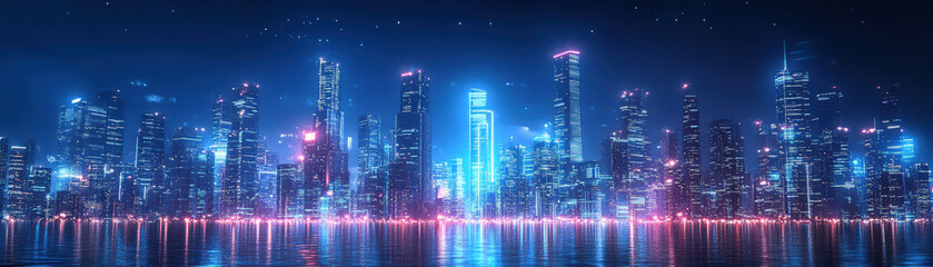 Fototapeta premium Modern city skyline at night with illuminated skyscrapers reflecting on the calm water, under a clear starry sky.