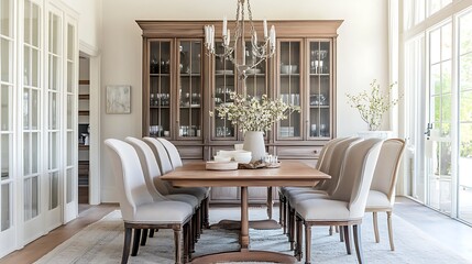 Elegant Dining Room with Wooden Table and Chairs, Glass Cabinet, and White Flowers in a Vase