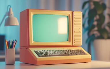 Vintage retro computer with a green screen and keyboard at a workspace, evoking 80s technology nostalgia. Classic office equipment on a desk.