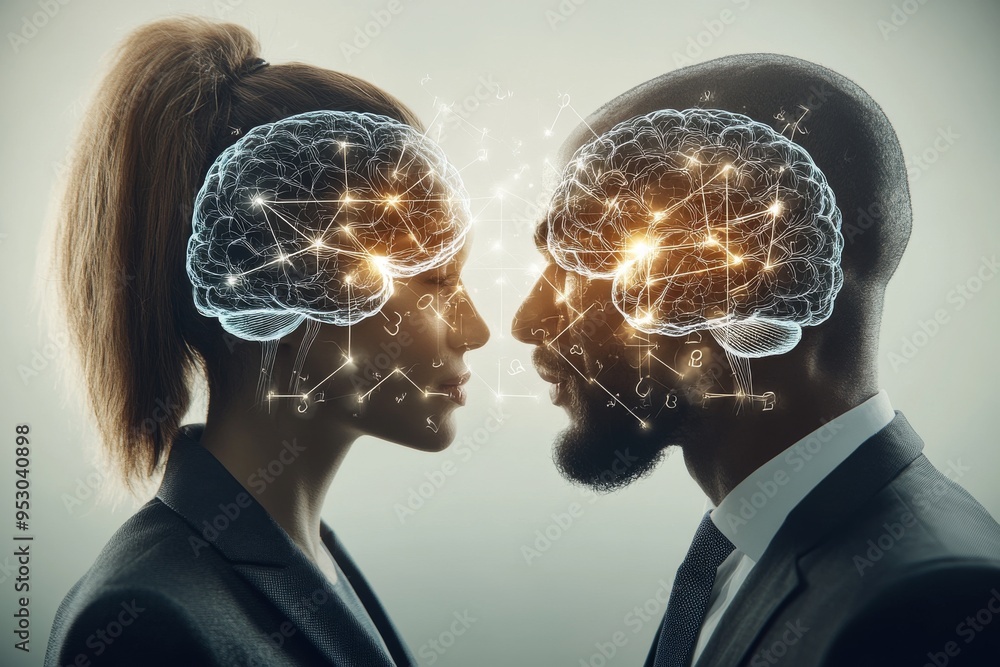 Poster connected brains a couple with neural network brain illustrations depicting the power of cognitive c