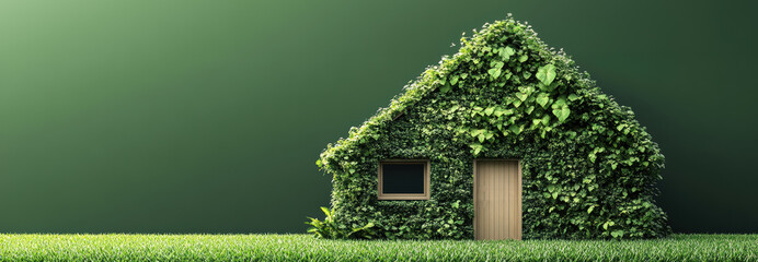 Naklejka premium Cozy green house covered with lush plants and foliage, blending ly with the environment, symbolizing eco-friendly living and sustainable architecture.