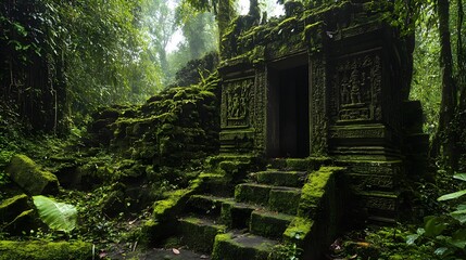 Ancient jungle ruin deep in the jungle overgrown with vines and moss-covered stones intricate carvings on weathered structures surrounded by lush green vegetation