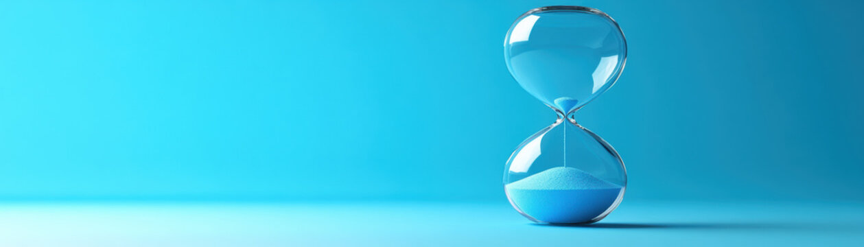 Minimalist hourglass with blue sand against a matching blue background, symbolizing the passage of time and simplicity in design.
