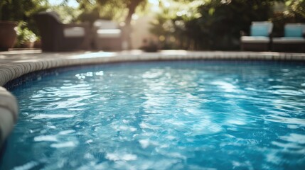 A serene swimming pool reflecting sunlight, surrounded by lush greenery and comfortable seating.