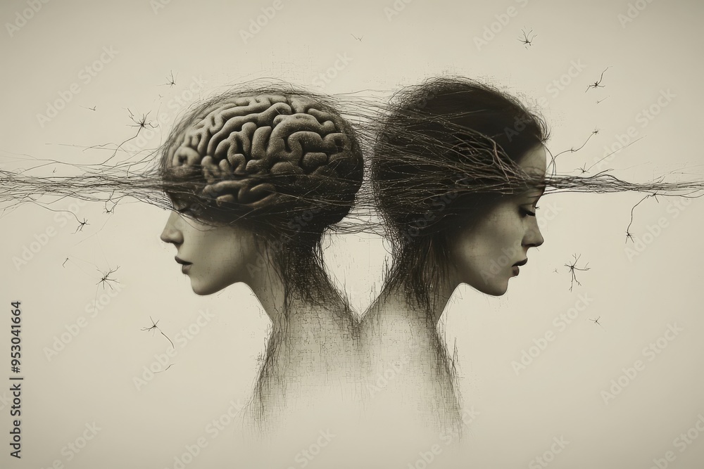 Poster parallel minds two female figures facing opposite directions with brain illustrations representing d