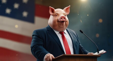 A Fat man with a pig's head is giving a speech from a pulpit with a blurred American flag background during an election campaign. Corruption, false promises, and dirty politics concept