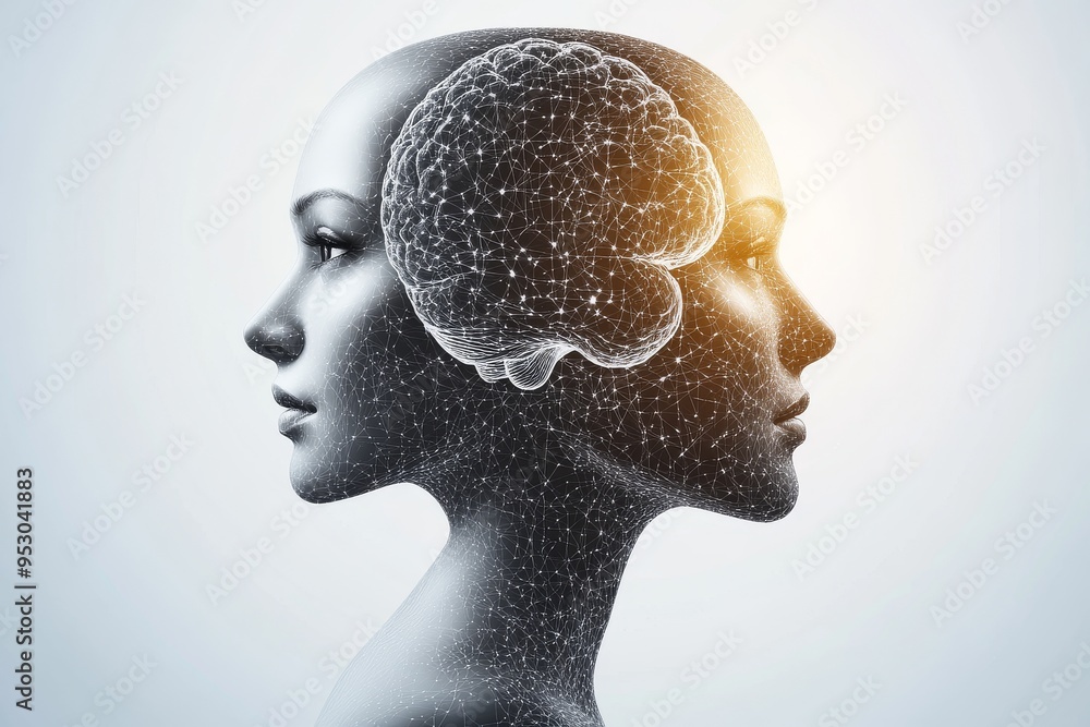 Poster synergy of the minds two human heads with interconnected brain patterns representing intellectual ha