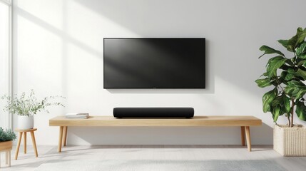 A compact soundbar is elegantly placed on wooden shelf under TV, enhancing modern living space with touch of sophistication.