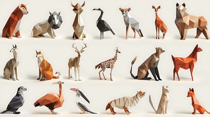 Low-poly animal collection, geometric wildlife, 