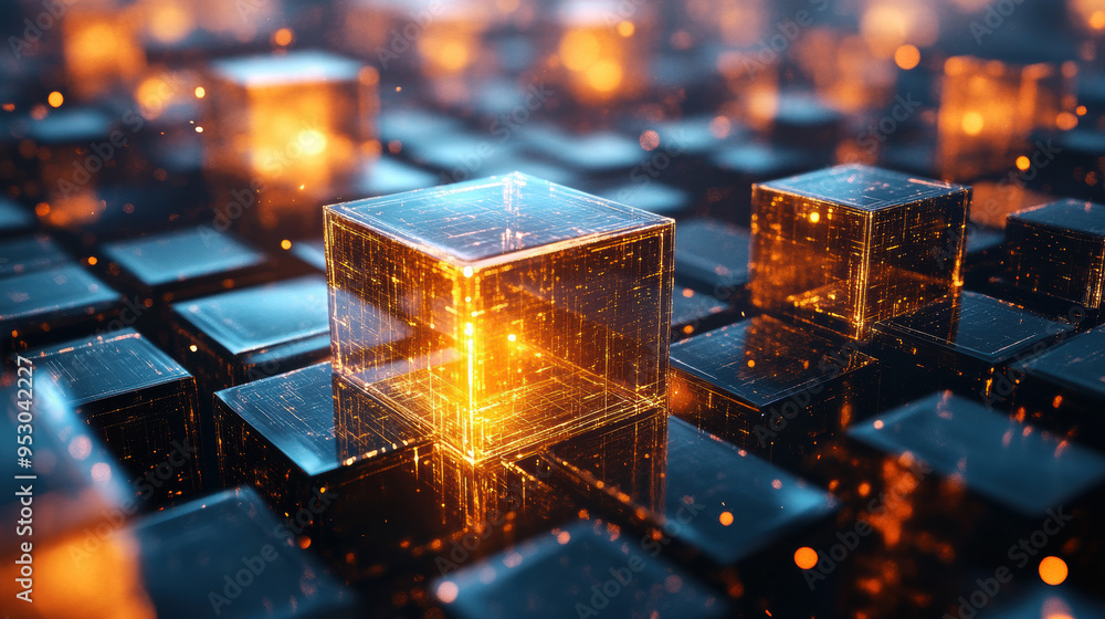 Poster futuristic glowing cubes in a technology-inspired digital matrix, representing data visualization an