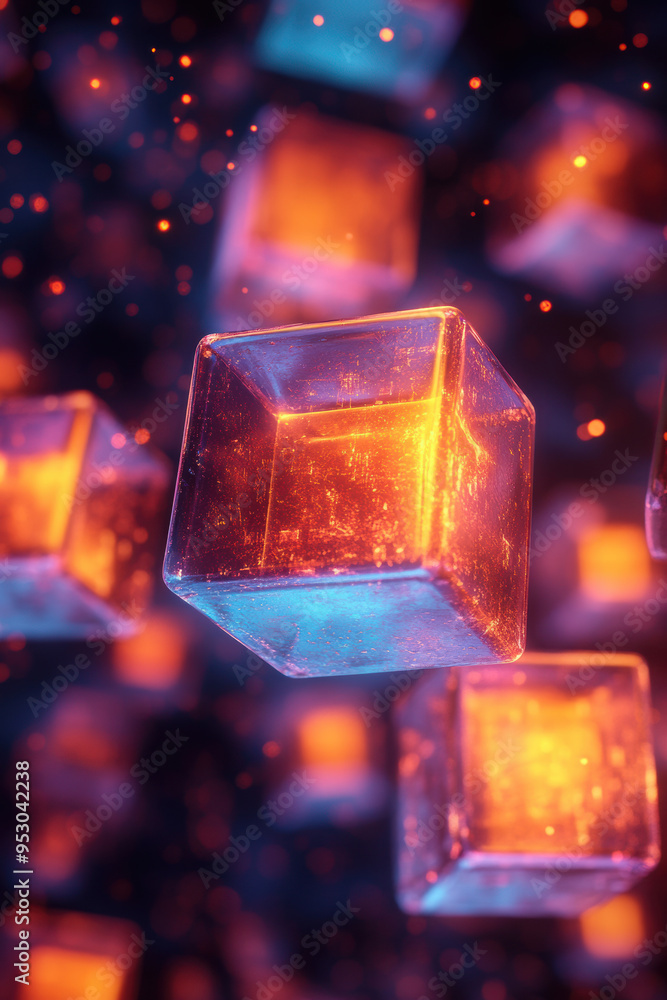 Poster abstract digital art showcasing glowing cubes in a vibrant, futuristic setting with sparkles and viv