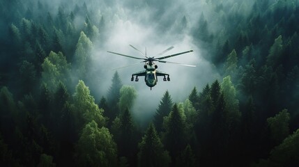 Fototapeta premium A helicopter flying low over dense forest, surrounded by mist and greenery, creates dramatic and captivating scene.