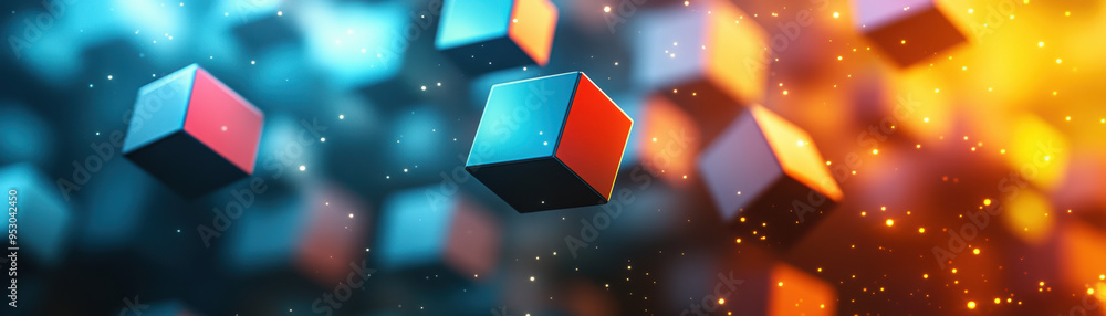 Poster abstract cubes with glowing edges floating in a dynamic background, showcasing vibrant colors and fu
