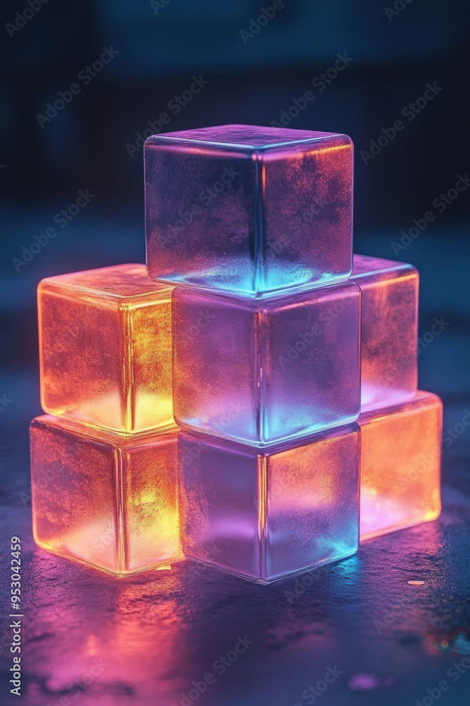 Aufkleber glowing neon ice cubes stacked, illuminated in orange and blue, creating a striking contrast and cap