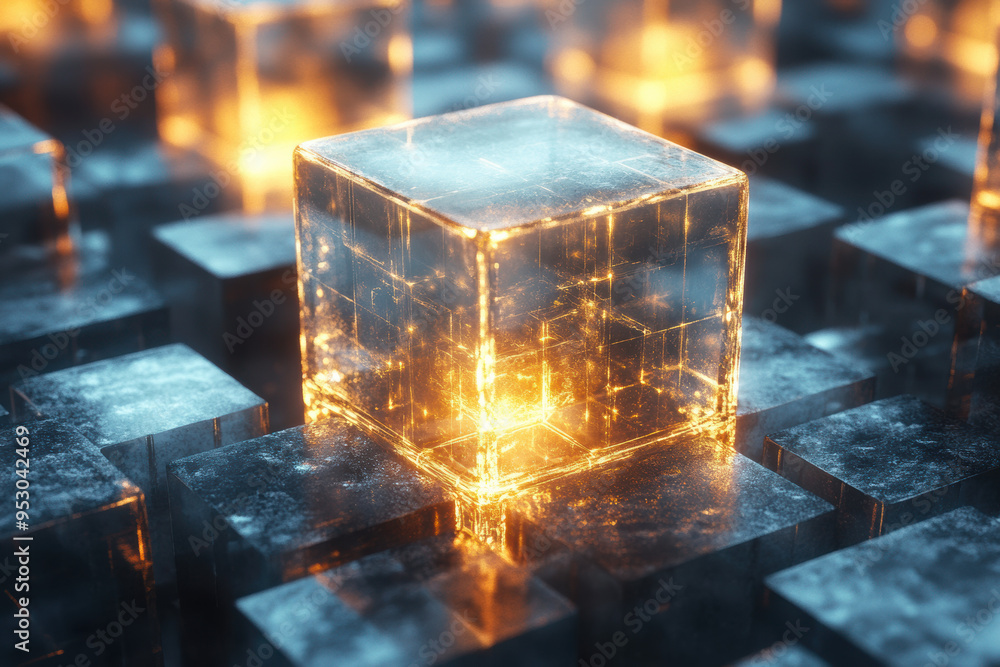 Poster glowing transparent cube artwork with fiery light amidst other cubes, showcasing modern abstract fut