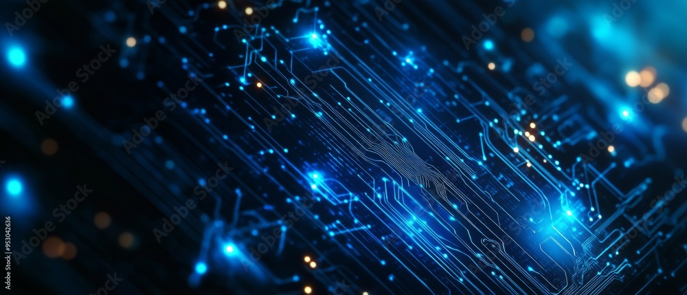 Poster Digital Network Circuit Board with Glowing Data Dots