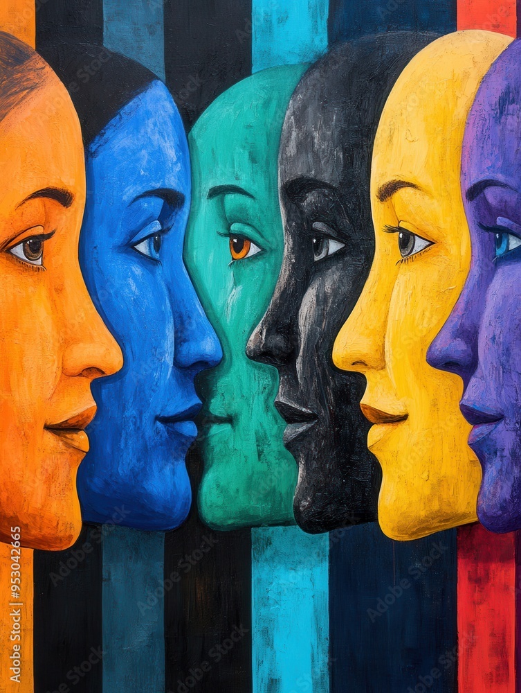 Poster colorful faces separated by lines symbolize the division and bias present in society, emphasizing th