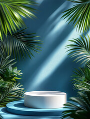 Obraz premium A minimalist podium with palm leaves on the right, set against a blue background