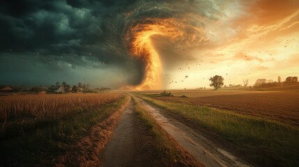 A massive tornado twisting through a rural landscape