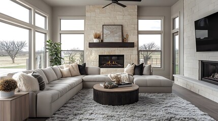 Cozy Living Room with Sectional Sofa and Fireplace