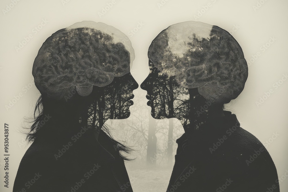 Poster eternal minds two figures with tree like brain illustrations symbolizing the interconnectedness of t