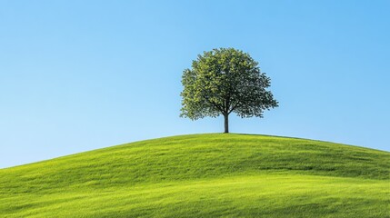 Alone tree on green hill of grass field and blue sky background