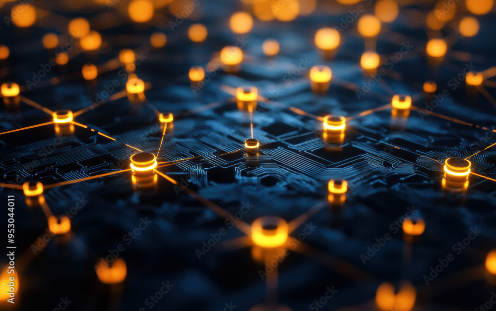 Poster close-up of a high-tech circuitry with glowing orange nodes, representing a futuristic digital netwo