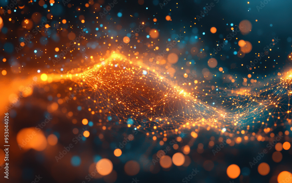 Poster abstract glowing orange and blue network of interconnected dots and lines with bokeh effect, represe