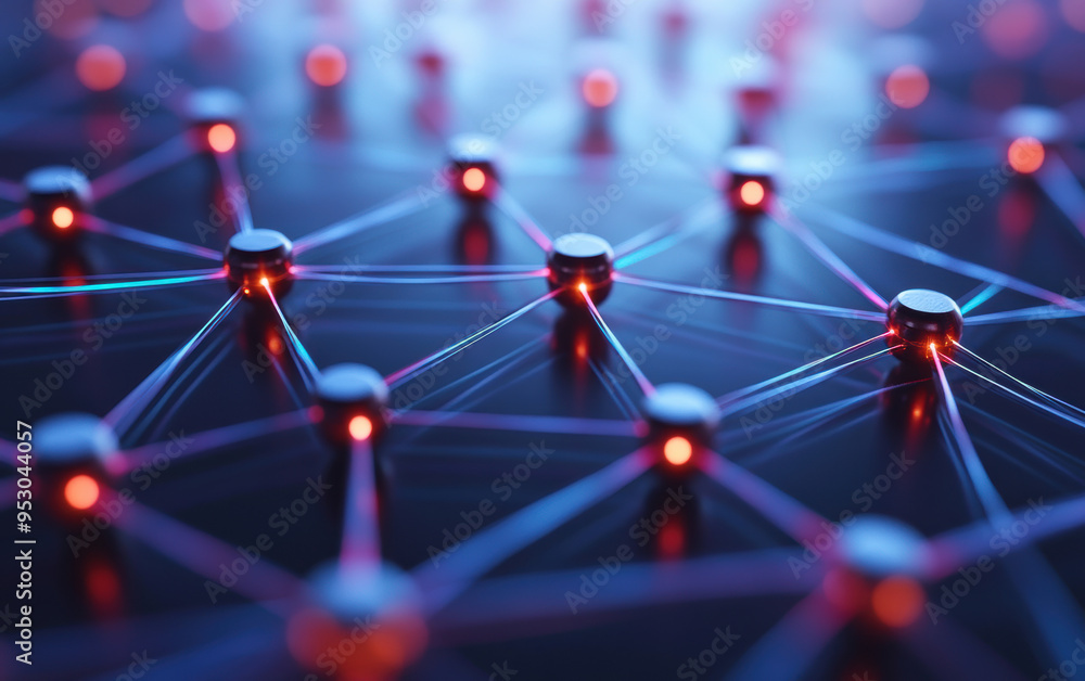Poster futuristic network with interconnected nodes and glowing red lines representing technology, communic