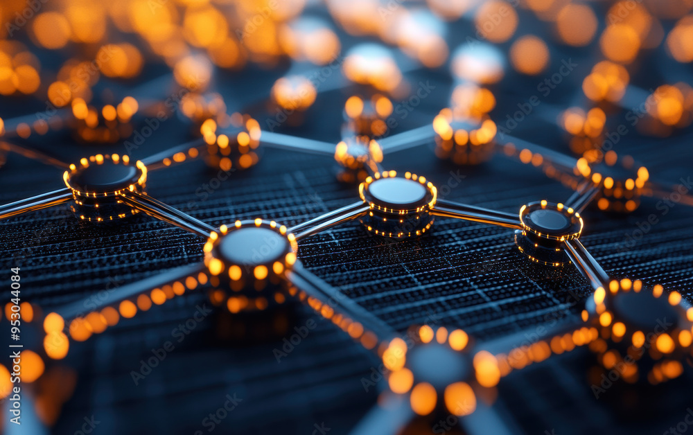 Poster close-up of a digital network with interconnected nodes glowing orange, representing data exchange, 