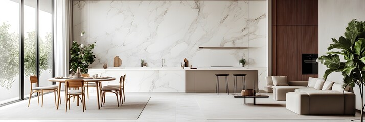 Modern living room and dining area with white marble wall cladding ai generative