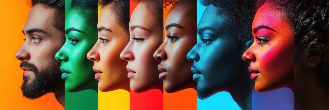 The artwork showcases diverse faces, each highlighted by vibrant colors, divided by a line symbolizing biases and differences in society. Generative AI