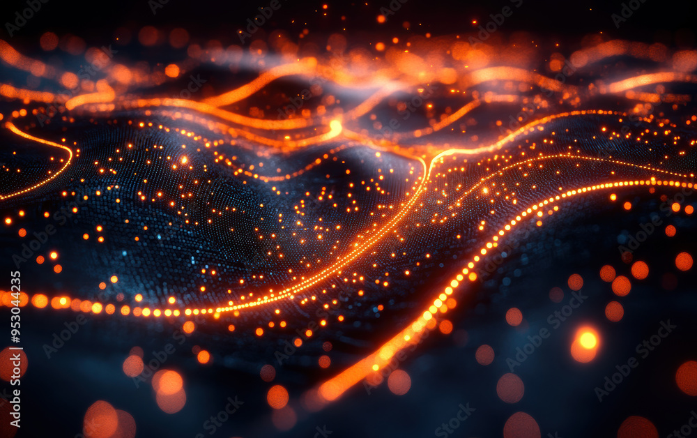 Aufkleber a captivating abstract image showcasing a glowing digital wave of interconnected orange particles, i