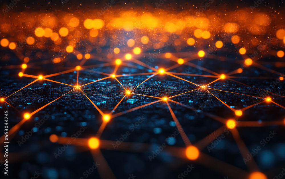 Poster glowing orange nodes interconnected on a dark background, representing a futuristic network and digi