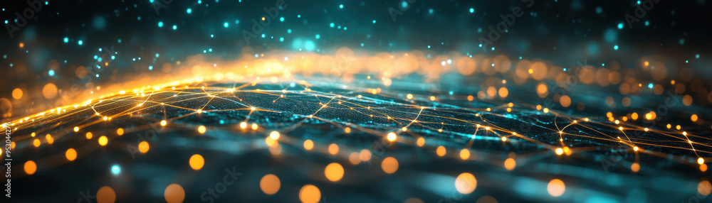 Poster abstract digital network with glowing connections and sparkles, showcasing futuristic technology and