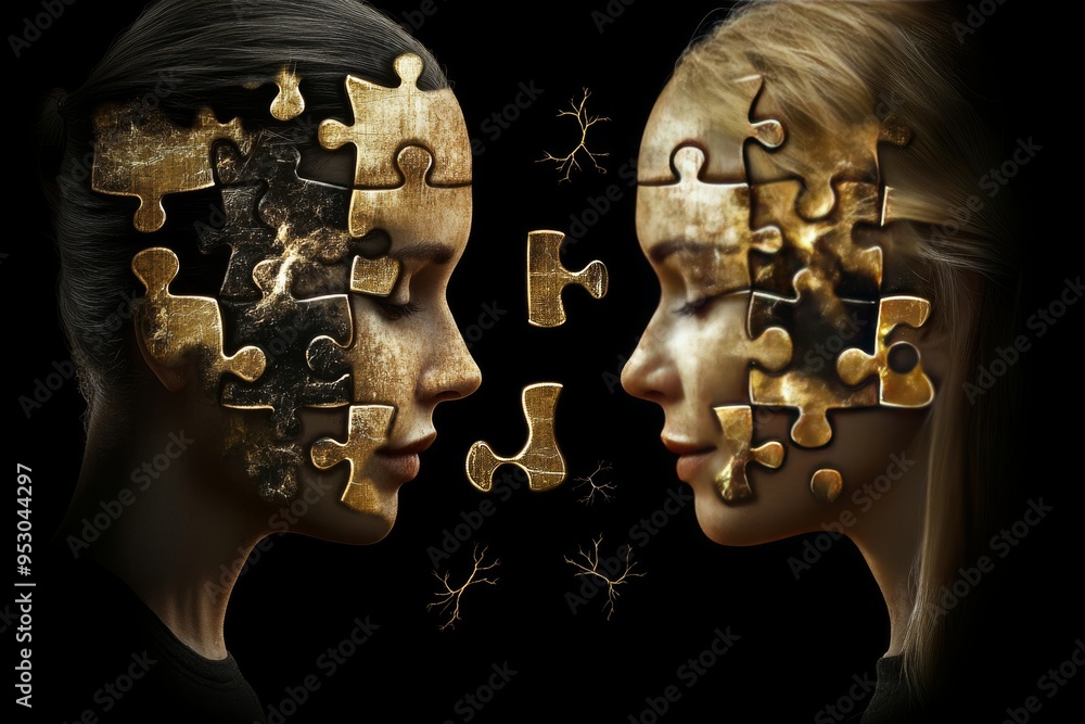 Poster dual identity two faces with golden puzzle pieces representing the fragmented nature of thought and 