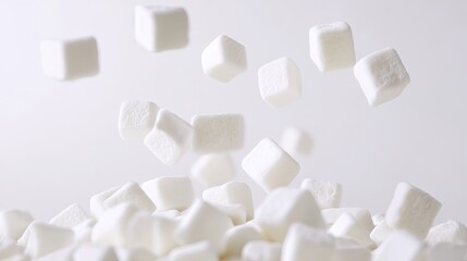 A close-up of falling sugar cubes against a light background.