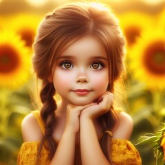 A little girl with pigtails against a background of sunflowers