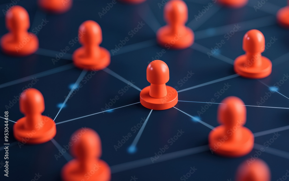 Poster red pawn figures connected with lines on a dark background, symbolizing teamwork, connection, and ne