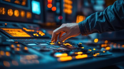 Close-up of an engineer hand adjusting turbine pad settings, soft indoor light in a high-tech control room