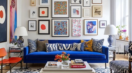 A Living Room Decorated with Art, Blue Velvet Sofa, and Vibrant Pillows