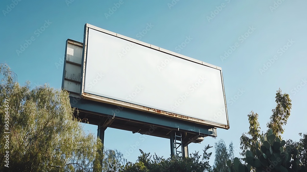Wall mural blank billboard with trees and blue sky