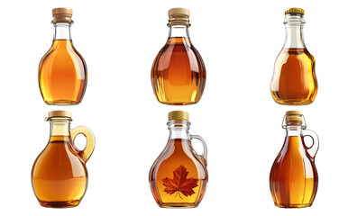 Variety of maple syrup bottles with different shapes isolated on transparent background