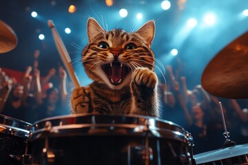 Naklejka premium Cat musician playing the drums at a rock concert, depicted in an energetic artwork where the cat, with a wild expression, bangs on the drums in front of a cheering crowd
