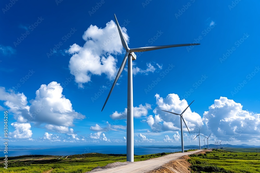 Poster Clean energy development and expansion are captured in a realistic photo of a large-scale wind farm in the process of being built