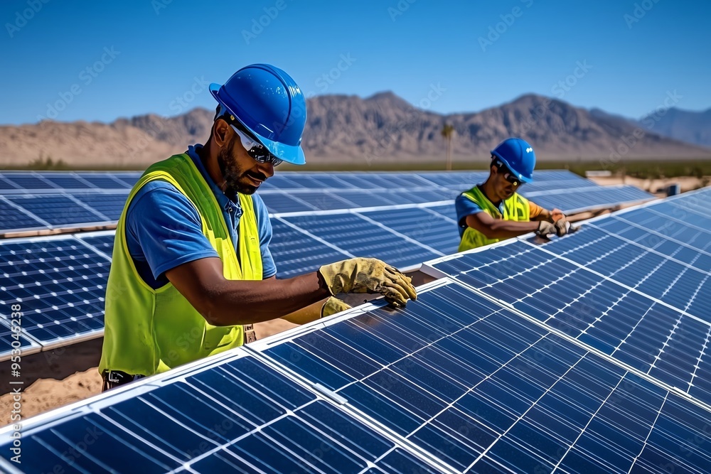 Poster Clean energy development projects are captured in a realistic photo of a solar farm in the early stages of construction, with rows of panels being installed