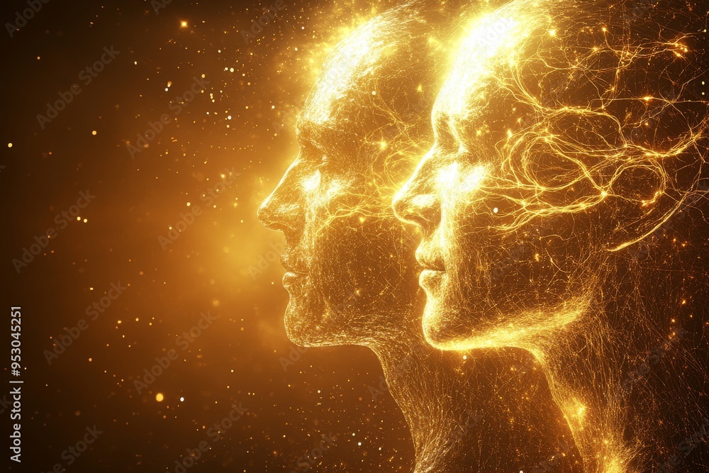 Poster radiant minds glowing silhouettes with brain patterns representing the brightness of shared cognitiv