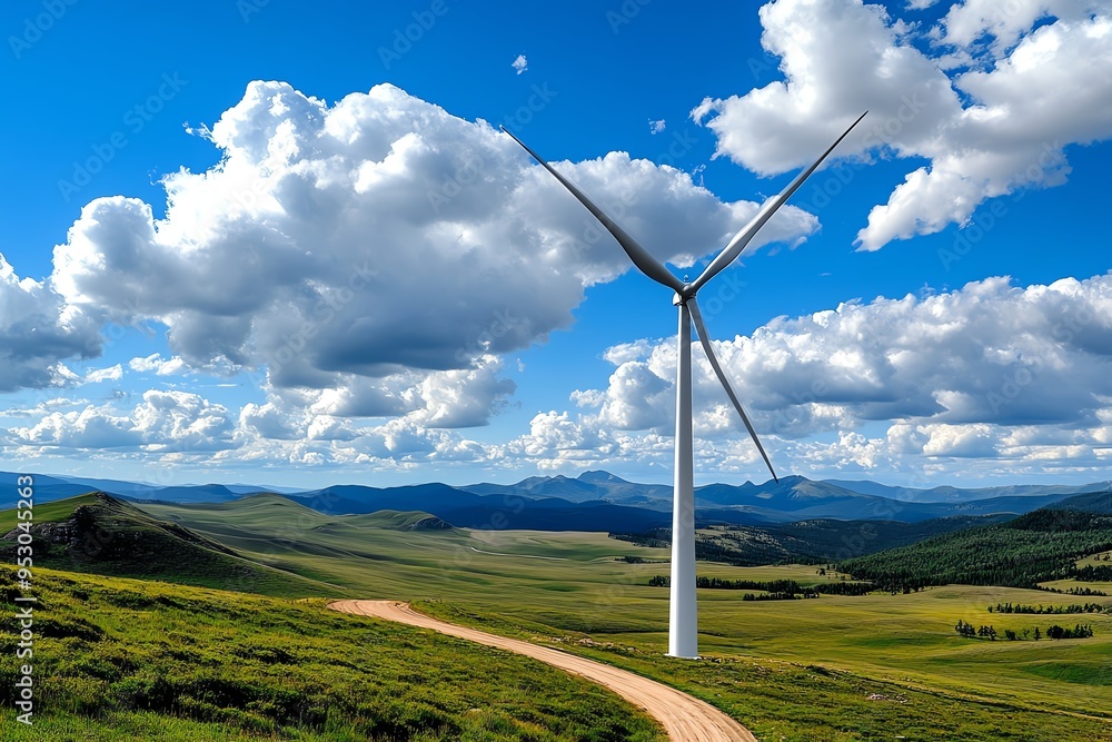 Fototapete Clean energy efficiency is depicted in a minimalist design that focuses on the optimized performance of a wind turbine in a vast open field
