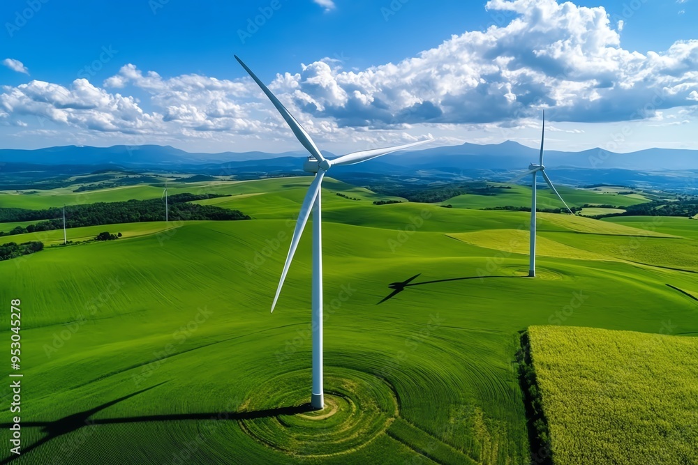 Fototapete Clean energy efficiency is depicted in a minimalist design that focuses on the optimized performance of a wind turbine in a vast open field
