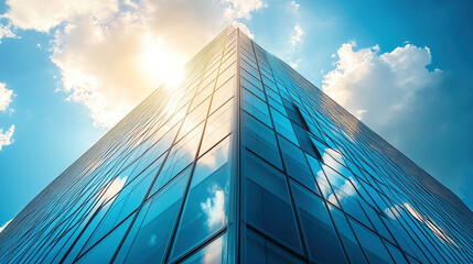 A tall building with blue glass windows reflects the sky,